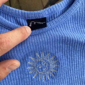 Art Class Blue Ribbed Top with Sun Embroidery
